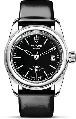 Tudor Glamour Date Watch - 26 mm Steel Case - Black Dial - Patent Leather Strap