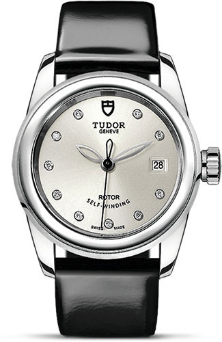 Tudor Glamour Date Watch - 26 mm Steel Case - Silver Diamond Dial - Patent Leather Strap