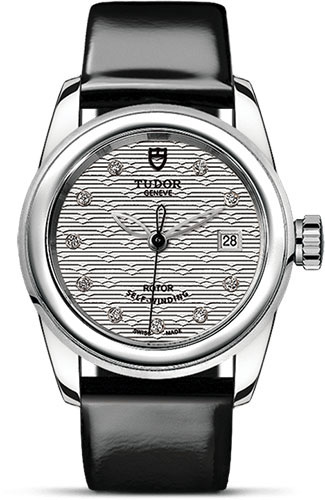 Tudor Glamour Date Watch - 26 mm Steel Case - Silver Jacquard Diamond Dial - Patent Leather Strap