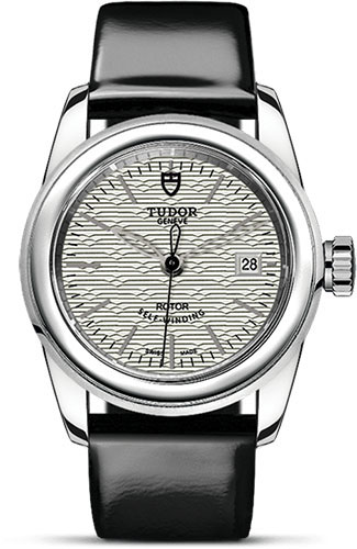 Tudor Glamour Date Watch - 26 mm Steel Case - Silver Jacquard Dial - Patent Leather Strap