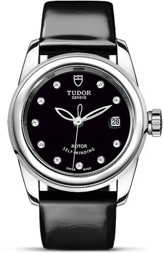 Tudor Glamour Date Watch - 26 mm Steel Case - Black Diamond Dial - Patent Leather Strap