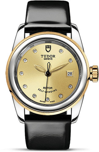 Tudor Glamour Date Watch - 26 mm Steel and Gold Case - Champagne Diamond Dial - Patent Leather Strap