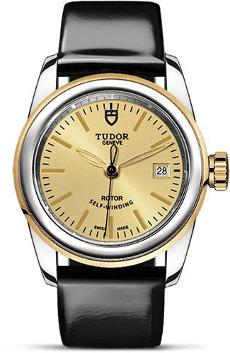 Tudor Glamour Date Watch - 26 mm Steel and Gold Case - Champagne Dial - Patent Leather Strap