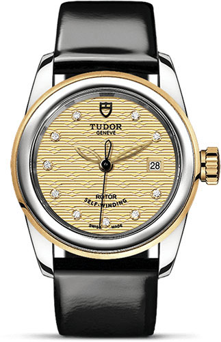 Tudor Glamour Date Watch - 26 mm Steel and Gold Case - Champagne Jacquard Diamond Dial - Patent Leather Strap