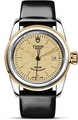 Tudor Glamour Date Watch - 26 mm Steel and Gold Case - Champagne Jacquard Dial - Patent Leather Strap