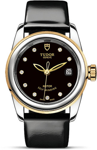 Tudor Glamour Date Watch - 26 mm Steel and Gold Case - Black Diamond Dial - Patent Leather Strap