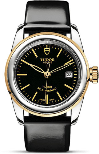 Tudor Glamour Date Watch - 26 mm Steel and Gold Case - Black Dial - Patent Leather Strap