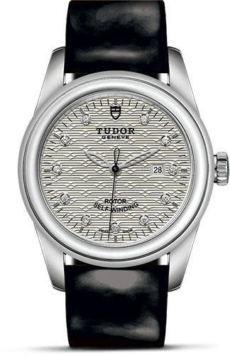 Tudor Glamour Date Watch - 31 mm Steel Case - Silver Jacquard Diamond Dial - Patent Leather Strap