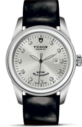 Tudor Glamour Date Watch - 31 mm Steel Case - Silver Diamond Dial - Patent Leather Strap