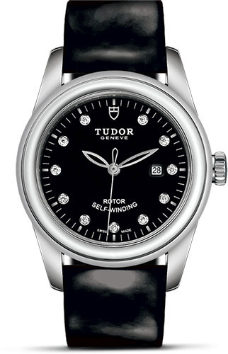 Tudor Glamour Date Watch - 31 mm Steel Case - Black Diamond Dial - Patent Leather Strap