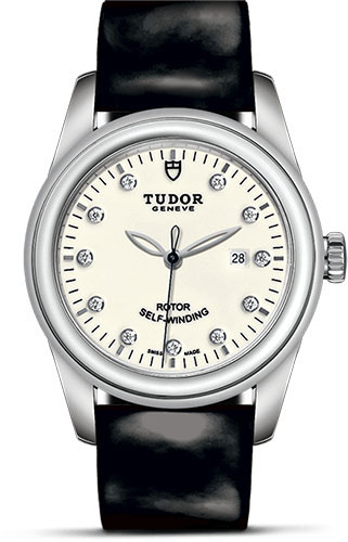 Tudor Glamour Date Watch - 31 mm Steel Case - Diamond Dial - Patent Leather Strap