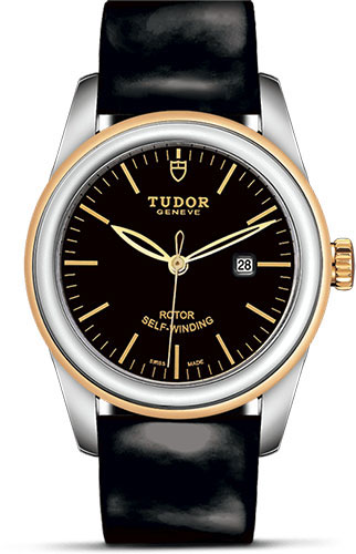 Tudor Glamour Date Watch - 31 mm Steel and Gold Case - Black Dial - Patent Leather Strap