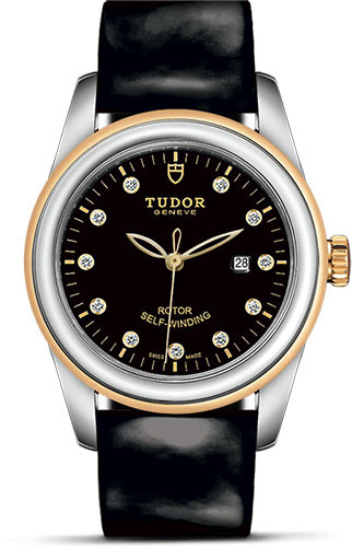 Tudor Glamour Date Watch - 31 mm Steel and Gold Case - Black Diamond Dial - Patent Leather Strap