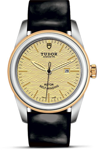 Tudor Glamour Date Watch - 31 mm Steel and Gold Case - Champagne Jacquard Dial - Patent Leather Strap