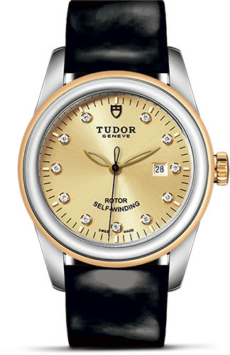 Tudor Glamour Date Watch - 31 mm Steel and Gold Case - Champagne Diamond Dial - Patent Leather Strap