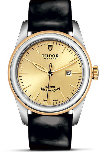 Tudor Glamour Date Watch - 31 mm Steel and Gold Case - Champagne Dial - Patent Leather Strap