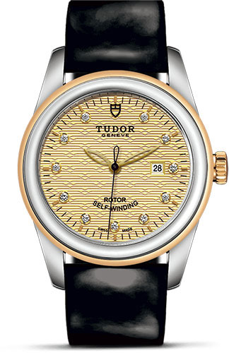 Tudor Glamour Date Watch - 31 mm Steel and Gold Case - Champagne Jacquard Diamond Dial - Patent Leather Strap