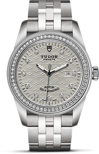 Tudor Glamour Date Watch - 31 mm Steel Case - Diamond Bezel - Silver Jacquard Diamond Dial