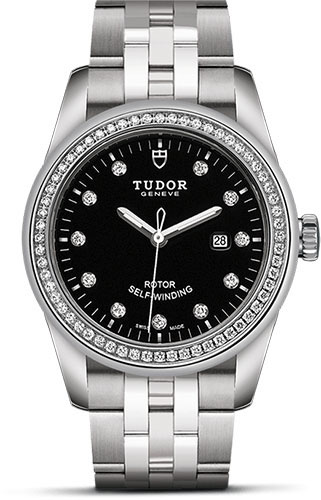 Tudor Glamour Date Watch - 31 mm Steel Case - Diamond Bezel - Black Diamond Dial