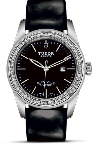 Tudor Glamour Date Watch - 31 mm Steel Case - Diamond Bezel - Black Dial - Patent Leather Strap