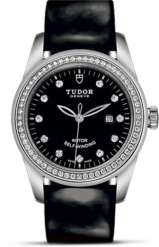 Tudor Glamour Date Watch - 31 mm Steel Case - Diamond Bezel - Black Diamond Dial - Patent Leather Strap