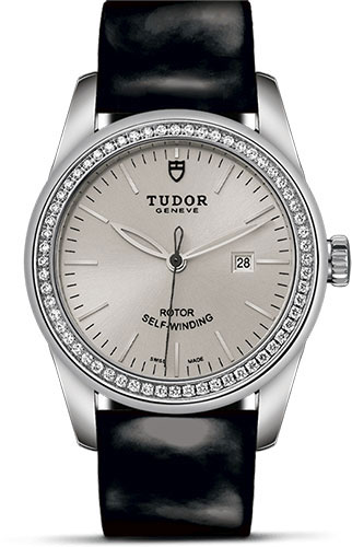 Tudor Glamour Date Watch - 31 mm Steel Case - Diamond Bezel - Silver Dial - Patent Leather Strap