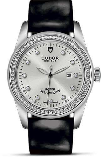 Tudor Glamour Date Watch - 31 mm Steel Case - Diamond Bezel - Silver Diamond Dial - Patent Leather Strap