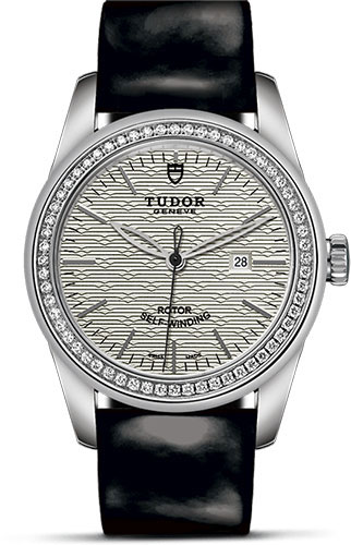 Tudor Glamour Date Watch - 31 mm Steel Case - Diamond Bezel - Silver Jacquard Dial - Patent Leather Strap