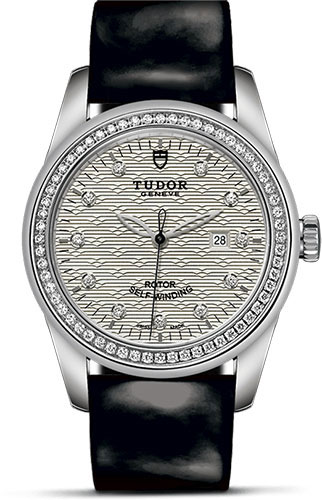 Tudor Glamour Date Watch - 31 mm Steel Case - Diamond Bezel - Silver Jacquard Diamond Dial - Patent Leather Strap