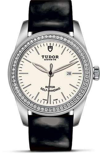 Tudor Glamour Date Watch - 31 mm Steel Case - Diamond Bezel - Patent Leather Strap