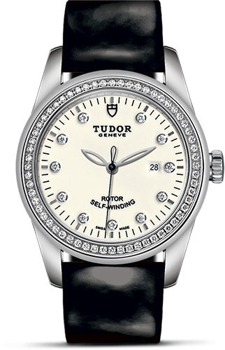 Tudor Glamour Date Watch - 31 mm Steel Case - Diamond Bezel - Diamond Dial - Patent Leather Strap