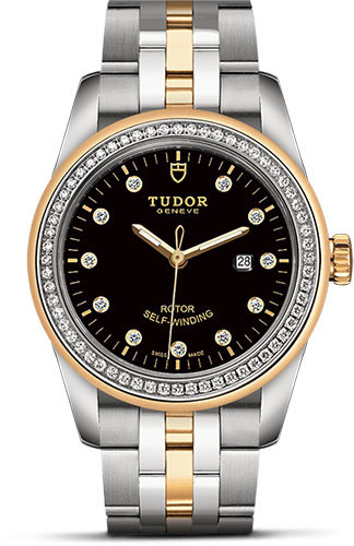 Tudor Glamour Date Watch - 31 mm Steel and Gold Case - Diamond Bezel - Black Diamond Dial - Bracelet