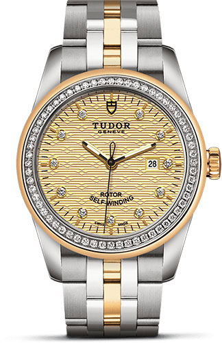 Tudor Glamour Date Watch - 31 mm Steel and Gold Case - Diamond Bezel - Champagne Jacquard Diamond Dial - Bracelet