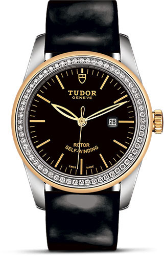 Tudor Glamour Date Watch - 31 mm Steel and Gold Case - Diamond Bezel - Black Dial - Patent Leather Strap