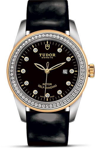 Tudor Glamour Date Watch - 31 mm Steel and Gold Case - Diamond Bezel - Black Diamond Dial - Patent Leather Strap