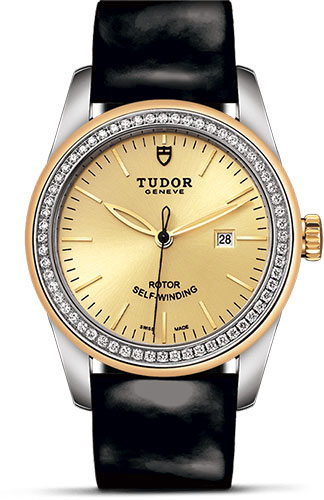Tudor Glamour Date Watch - 31 mm Steel and Gold Case - Diamond Bezel - Champagne Dial - Patent Leather Strap