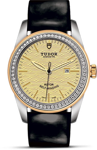 Tudor Glamour Date Watch - 31 mm Steel and Gold Case - Diamond Bezel - Champagne Jacquard Dial - Patent Leather Strap