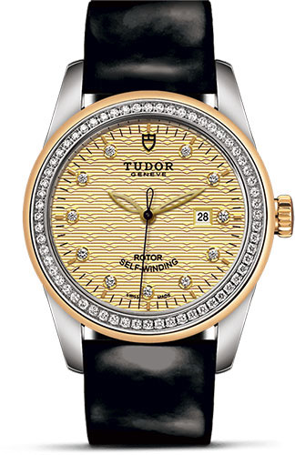 Tudor Glamour Date Watch - 31 mm Steel and Gold Case - Diamond Bezel - Champagne Jacquard Diamond Dial - Patent Leather Strap