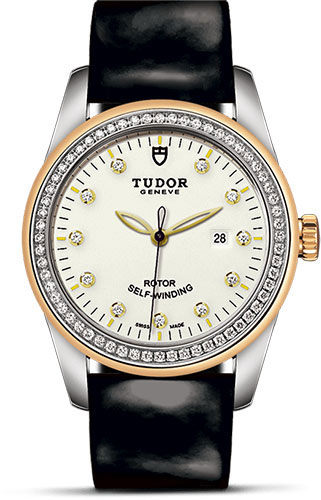 Tudor Glamour Date Watch - 31 mm Steel and Gold Case - Diamond Bezel - Diamond Dial - Patent Leather Strap