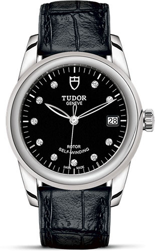 Tudor Glamour Date Watch - 36 mm Steel Case - Black Diamond Dial - Leather Strap