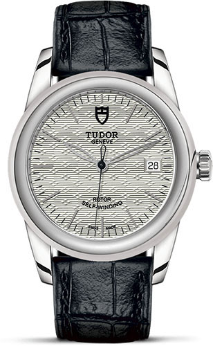 Tudor Glamour Date Watch - 36 mm Steel Case - Silver Jacquard Dial - Leather Strap
