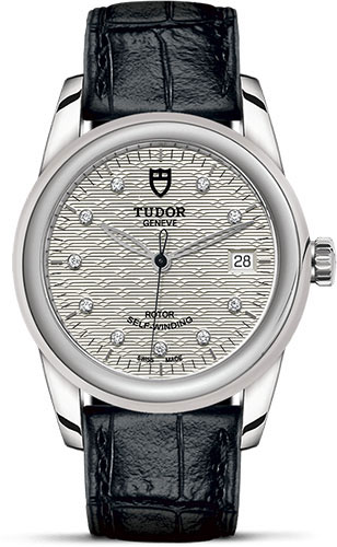 Tudor Glamour Date Watch - 36 mm Steel Case - Silver Jacquard Diamond Dial - Leather Strap