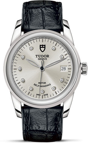 Tudor Glamour Date Watch - 36 mm Steel Case - Silver Diamond Dial - Leather Strap