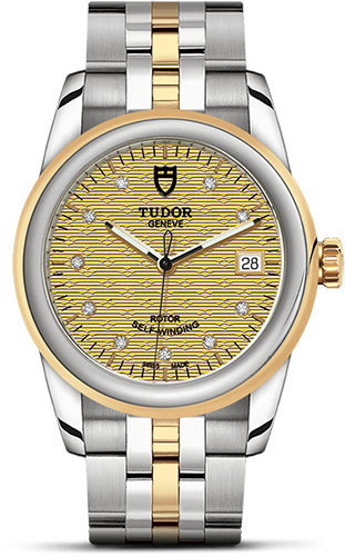 Tudor Glamour Date Watch - 36 mm Steel and Gold Case - Champagne Jacquard Diamond Dial - Bracelet