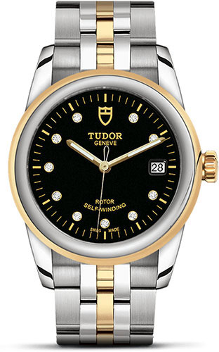 Tudor Glamour Date Watch - 36 mm Steel and Gold Case - Black Diamond Dial - Bracelet