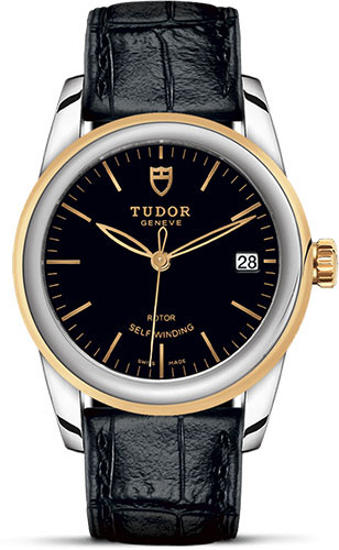 Tudor Glamour Date Watch - 36 mm Steel and Gold Case - Black Dial - Leather Strap