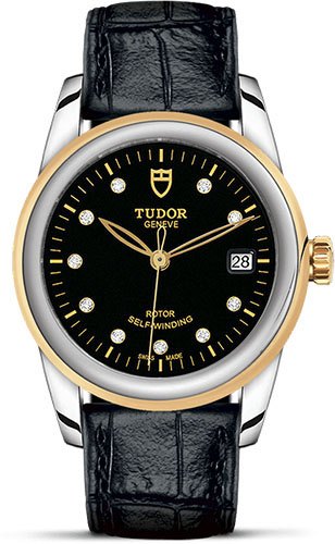 Tudor Glamour Date Watch - 36 mm Steel and Gold Case - Black Diamond Dial - Leather Strap