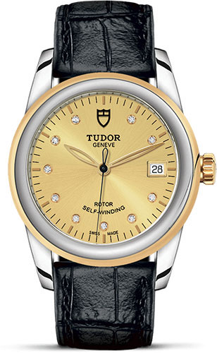 Tudor Glamour Date Watch - 36 mm Steel and Gold Case - Champagne Diamond Dial - Leather Strap