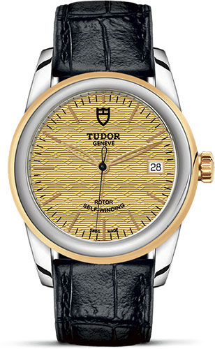 Tudor Glamour Date Watch - 36 mm Steel and Gold Case - Champagne Jacquard Dial - Leather Strap