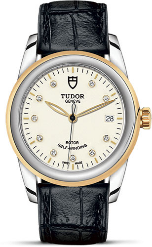Tudor Glamour Date Watch - 36 mm Steel and Gold Case - Diamond Dial - Leather Strap